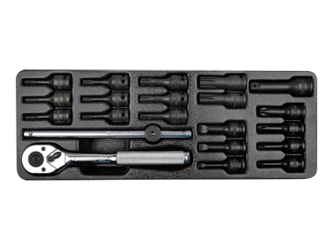 ZESTAW NASADEK UDAROWYCH 3/8"  21cz.  KRÓTKIE PH1-PH4, PŁASKIE 5.5-10, TORX T10-T60  Z  AKCESORIAMI, CHROM, WKŁAD DO WÓZKA