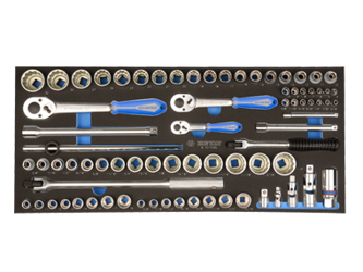 KPL. NASADEK 1/4"+ 3/8" + 1/2" 77cz. KRÓTKIE 12-kąt. 4-32mm, 3/16" - 1-1/4" Z AKCESORIAMI, CHROM, WKŁAD Z PIANKI DO SKRZYNKI