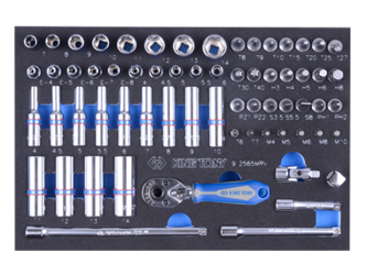 ZESTAW NASADEK 1/4'' 65cz. KRÓTKIE / DŁUGIE,  6-kąt.  4 - 14mm  Z  AKCESORIAMI, CHROM, WKŁAD Z PIANKI, DO WÓZKA