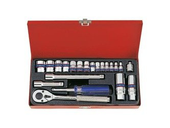 ZESTAW NASADEK 1/4'' + 3/8''  21cz.  KRÓTKIE  12-kąt. 10 - 19mm, 6-kąt. 4 - 9mm  Z  AKCESORIAMI, CHROM, KASETA