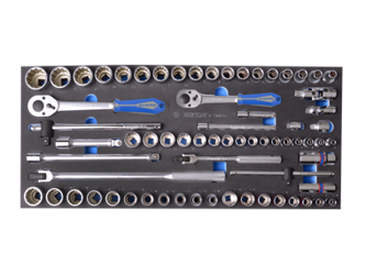 KPL. NASADEK 3/8" + 1/2" 70cz. KRÓTKIE 12-kąt. 6 - 32mm, CALOWE 3/8" - 13/16" Z AKCESORIAMI, CHROM, WKŁAD Z PIANKI, DO WÓZKA