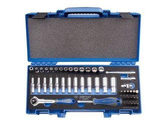 ZESTAW NASADEK 1/4" 48cz. DŁUGIE + KRÓTKIE, 12-kąt. 4 - 14mm, HEX 3 - 10 Z AKCESORIAMI, CHROM, KASETA Z TWORZYWA