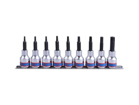 ZESTAW NASADEK  Z  KOŃCÓWKĄ  TORX  1/2''   9 cz. DŁUGIE  T20 - T60  CHROM, ZESTAW NA SZYNIE