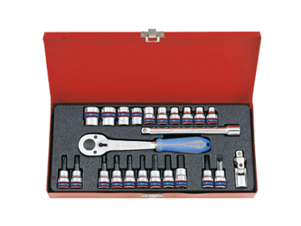 ZESTAW NASADEK 3/8''  24cz.  KRÓTKIE  12-kąt.  6 - 22mm, HEX 3 - 10, KRZYŻ. 2,3  PŁASKIE 5, 8  Z  AKCESORIAMI, CHROM, KASETA