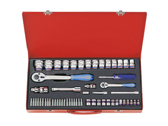 ZESTAW NASADEK 1/4"+1/2" 58cz.4 - 24mm 6-KĄT.+ BITY Z AKCESORIAMI, CHROM, KASETA