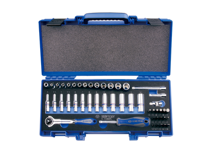 ZESTAW NASADEK 1/4"  48cz. DŁUGIE + KRÓTKIE,  6-kąt.  4 - 14mm, HEX 3 - 10 Z AKCESORIAMI, CHROM, KASETA Z TWORZYWA