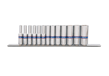 ZESTAW NASADEK 1/4" 13cz. DŁUGIE 6-kąt. 4 - 14mm, CHROM, SZYNA