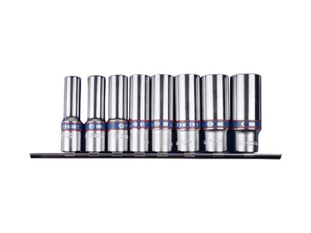 ZESTAW NASADEK  3/8''  8cz.  DŁUGIE   6-kąt  10 - 19mm,  CHROM, ZESTAW NA SZYNIE