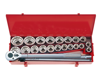 ZESTAW NASADEK 3/4'' 24cz.KRÓTKIE 12-kąt. 22 -50mm, CALOWE 1''-2'' Z AKCESORIAMI,CHROM,KASETA