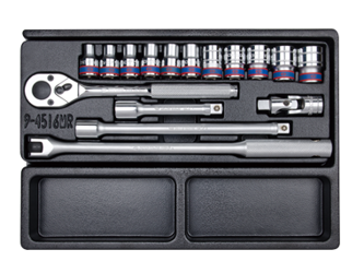 KPL. NASADEK  1/2''  16cz.  KRÓTKIE  6-kąt.  8 - 24mm  Z  AKCESORIAMI, CHROM, WKŁAD DO WÓZKA