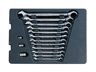 ZESTAW KLUCZY PŁASKO-OCZKOWYCH  Z GRZECHOTKĄ  JEDNOKIERUNKOWĄ 15cz. 8 - 22mm,  Z AKCESORIAMI, WKŁAD DO WÓZKA