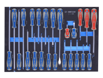 ZESTAW WKRĘTAKÓW 24 cz. KRZYŻAKI PH1 - PH3, PŁASKIE 3 - 10mm, TORX T6 - T30, WKŁAD Z PIANKI, DO WÓZKA