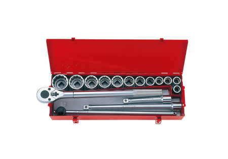 ZESTAW NASADEK 3/4'' 16cz. KRÓTKIE 12-kąt. 21-50mm Z AKCESORIAMI,CHROM, KASETA