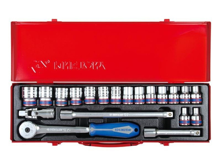 ZESTAW NASADEK  1/2''   20cz.  KRÓTKIE  6-kąt.  8 - 27mm  Z  AKCESORIAMI, CHROM, KASETA