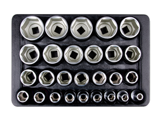 KPL. NASADEK 1/2" 27cz. KRÓTKIE 6-kąt. 8 - 36mm, CHROM, WKŁAD DO WÓZKA