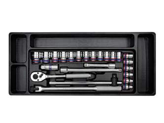 KPL. NASADEK 1/2'' 24cz. KRÓTKIE 6-kąt. 10 - 32mm Z AKCESORIAMI, CHROM, WKŁAD DO WÓZKA