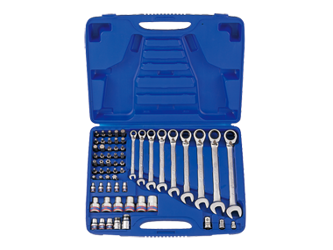 KPL. KLUCZY PŁASKO-OCZKOWYCH  Z GRZECHOTKĄ  DWUKIERUNKOWĄ, NASADEK I BITÓW  62cz.  8 - 19mm,  Z AKCESORIAMI, W WALIZCE PLAST.