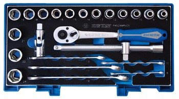 PROMOCJA KING TONY- ZESTAW NASADEK 1/2" 24cz. KRÓTKIE 6-kąt. 8-24mm, KLUCZE PŁASKO OCZKOWE, AKCESORIA, CHROM, WALIZKA