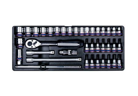 KPL. NASADEK  1/2'' 38cz. KRÓTKIE 6-kąt. 10 - 32mm, HEX 4 - 12, KPL. WKRĘTAKÓW, TORX T25 - T40  Z  AKCESORIAMI, WKŁAD DO SKRZYNI