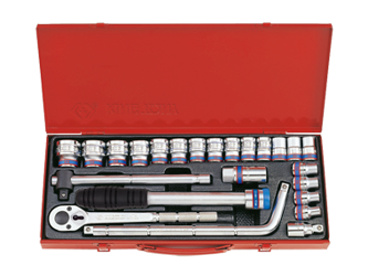 ZESTAW NASADEK  1/2''   24cz.  KRÓTKIE  6-kąt.  10 - 32mm  Z  AKCESORIAMI, CHROM, KASETA