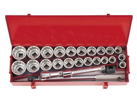 ZESTAW NASADEK 3/4'' 26cz. KRÓTKIE 12-kąt. 22-50mm, CALOWE 7/8' -2''  Z AKCESORIAMI,CHROM,KASETA