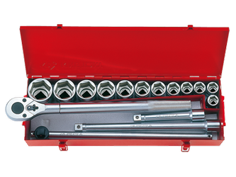 ZESTAW NASADEK 3/4'' 16cz. KRÓTKIE 6-kąt. 21-50mm Z AKCESORIAMI,CHROM, KASETA