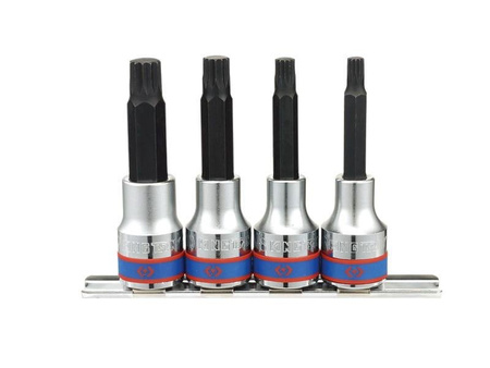 ZESTAW NASADEK  Z KOŃCÓWKĄ SPLINE 1/2''   4cz.  DŁUGIE  M6 - M12,  CHROM,  SZYNA, BLISTER