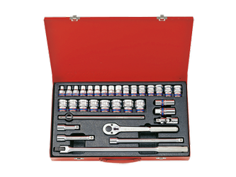ZESTAW NASADEK 1/2'' 33cz. KRÓTKIE 6-kąt. 8 - 32mm Z AKCESORIAMI, CHROM, KASETA