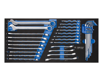 KPL. 31cz. KLUCZY PŁĄSKO-OCZKOWYCH 6-24mm, DO PRZEWODÓW HAMULCOWYCH 8-17mm, IMBUSÓW H1.5 - H10, WKŁAD Z PIANKI DO SKRZYNKI