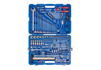 ZESTAW NASADEK 1/4''+ 1/2'' 128cz. 4-32mm 12-kąt. Z AKCESORIAMI, CHROM+NARZĘDZIA UNIWERSALNE W WALIZCE PLAST.