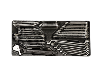 KPL. 38cz. - KLUCZE PŁASKO-OCZKOWE 15cz. KLUCZE PŁASKIE 11cz. 8-19mm CALOWE 1/4-7/8'', KLUCZE OCZKOWE ODGIĘTE, WKŁAD DO WÓZKA