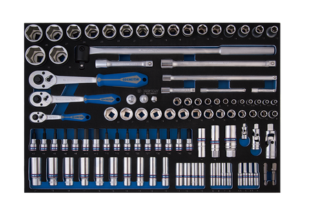 ZESTAW NASADEK 1/4"+3/8"+1/2" 103cz. 6-kąt. 4 - 32mm Z AKCESORIAMI, CHROM, WKŁAD Z PIANKI, DO WÓZKA