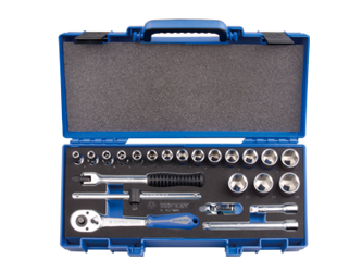 ZESTAW NASADEK 3/8''  23cz.  KRÓTKIE  6-kąt.  6 - 22mm  Z  AKCESORIAMI, CHROM, KASETA Z TWORZYWA