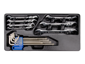 KPL. 16cz. KLUCZE PŁASKO-OCZKOWE PRZEGUBOWE Z GRZECHOTKĄ 8 - 19mm + TORXY T10 - T50, WKŁAD DO WÓZKA