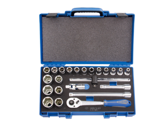 ZESTAW NASADEK 1/2"  23cz.  KRÓTKIE  6-kąt.  8 - 32mm  Z  AKCESORIAMI, CHROM, KASETA Z TWORZYWA