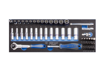 ZESTAW NASADEK 1/4" 48cz. KRÓTKIE / DŁUGIE, 6-kąt. 4 - 14mm Z AKCESORIAMI, CHROM, WKŁAD Z PIANKI, DO WÓZKA