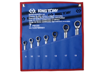 ZESTAW KLUCZY PŁASKO-OCZKOWYCH  Z GRZECHOTKĄ  DWUKIERUNKOWĄ 7cz.  8 - 19mm,  ETUI