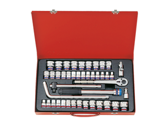 ZESTAW NASADEK  1/2''   43cz.  KRÓTKIE  6-kąt.   8 - 32mm,  CALOWE  3/8'' - 1.1/4''  Z  AKCESORIAMI, CHROM, KASETA