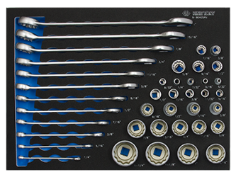 KPL. NASADEK 1/4"+3/8"+1/2" + KLUCZE PŁASKO OCZKOWE CALOWE 40cz., CHROM, WKŁAD Z PIANKI, DO WÓZKA