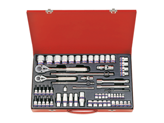 ZESTAW NASADEK 1/4''+3/8''+1/2''  62cz. KRÓTKIE  6-kąt.  4 - 32mm  Z  AKCESORIAMI, CHROM, KASETA