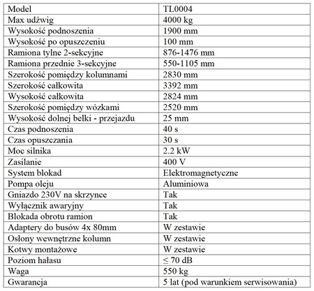 Podnośnik dwukolumnowy automatyczny 4T TL0004-400V