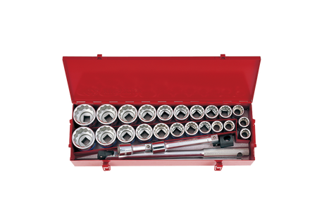 ZESTAW NASADEK 3/4'' 26cz. KRÓTKIE 12-kąt. 22-50mm, CALOWE 7/8' -2''  Z AKCESORIAMI,CHROM,KASETA