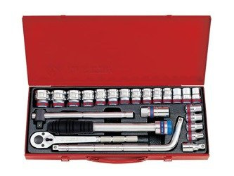 ZESTAW NASADEK  1/2''   24cz.  KRÓTKIE  12-kąt.  CALOWE  5/16'' - 1.1/4''  Z  AKCESORIAMI, CHROM, KASETA