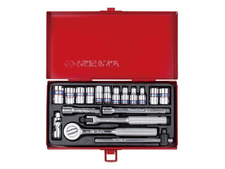 ZESTAW NASADEK 1/4''  18cz. KRÓTKIE,  6/8-kąt.  4 - 12mm  Z  AKCESORIAMI, CHROM, KASETA