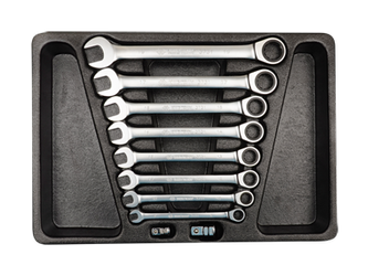 ZESTAW KLUCZY PŁASKO-OCZKOWYCH  Z GRZECHOTKĄ  JEDNOKIERUNKOWĄ 10cz.  8 - 19mm, Z AKCESORIAMI, WKŁAD DO WÓZKA