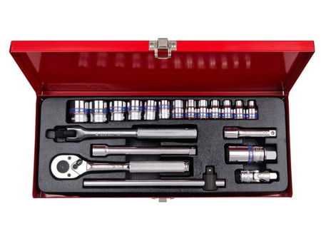 ZESTAW NASADEK 3/8''  20cz.  KRÓTKIE  12-kąt.  6 - 22mm  Z  AKCESORIAMI, CHROM, KASETA