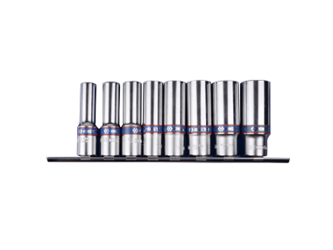 ZESTAW NASADEK 3/8'' 8cz. DŁUGIE 6-kąt 10 - 19mm, CHROM, ZESTAW NA SZYNIE