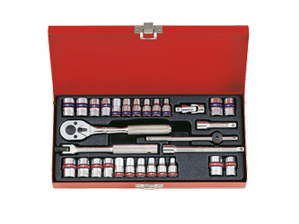 ZESTAW NASADEK 1/4''  30cz. KRÓTKIE,  12/8-kąt.  4 - 12mm, CALOWE  5/32 - 1/2''  Z  AKCESORIAMI, CHROM, KASETA