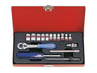 ZESTAW NASADEK 1/4''  16cz. KRÓTKIE  6-kąt. CALOWE  5/32 - 1/2''  Z  AKCESORIAMI, CHROM,  KASETA