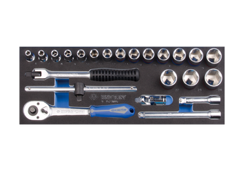 ZESTAW NASADEK 3/8'' 23cz. KRÓTKIE 6-kąt.6 - 24mm, Z AKCESORIAMI, CHROM, WKŁAD Z PIANKI, DO WÓZKA